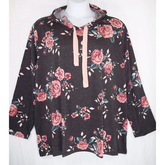 NEW Avenue 30/32 Floral Hoodie Top French Terry Long Sleeves - Picture 3 of 12